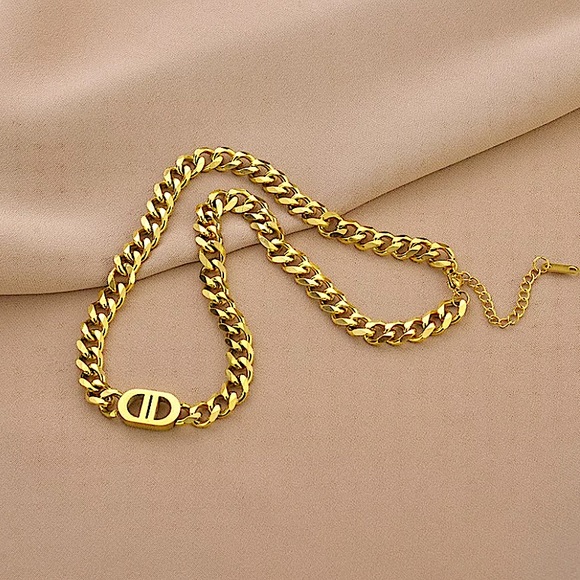 Double D Gold Plated Stainless Steel Necklace Matching Bracelet Set - Picture 3 of 4